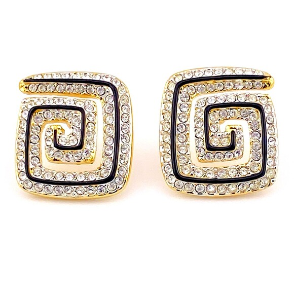 Swarovski Earrings Signed Square Spiral Pavê Crystal Black Enamel Swan Mark Post - Picture 1 of 7